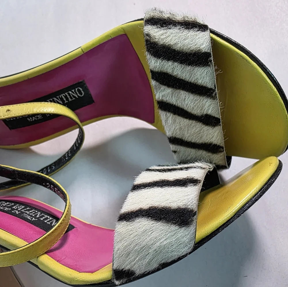 Mario Valentino Italy Zebra Print Calf Hair & Lime Green Leather Heel Sandals